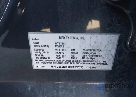 2024 Tesla Model Y Long Range Dual Motor All-Wheel Drive/Rwd from USA, damaged, VIN 7SAYGDED0RF112395